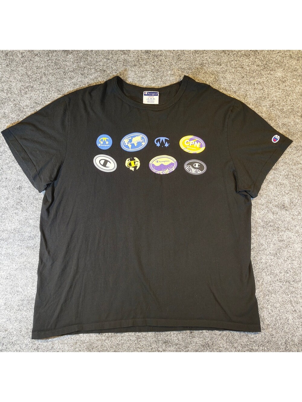 Champion Black Graphic Tee Shirt Multi Patch Logo Men's Size Large L